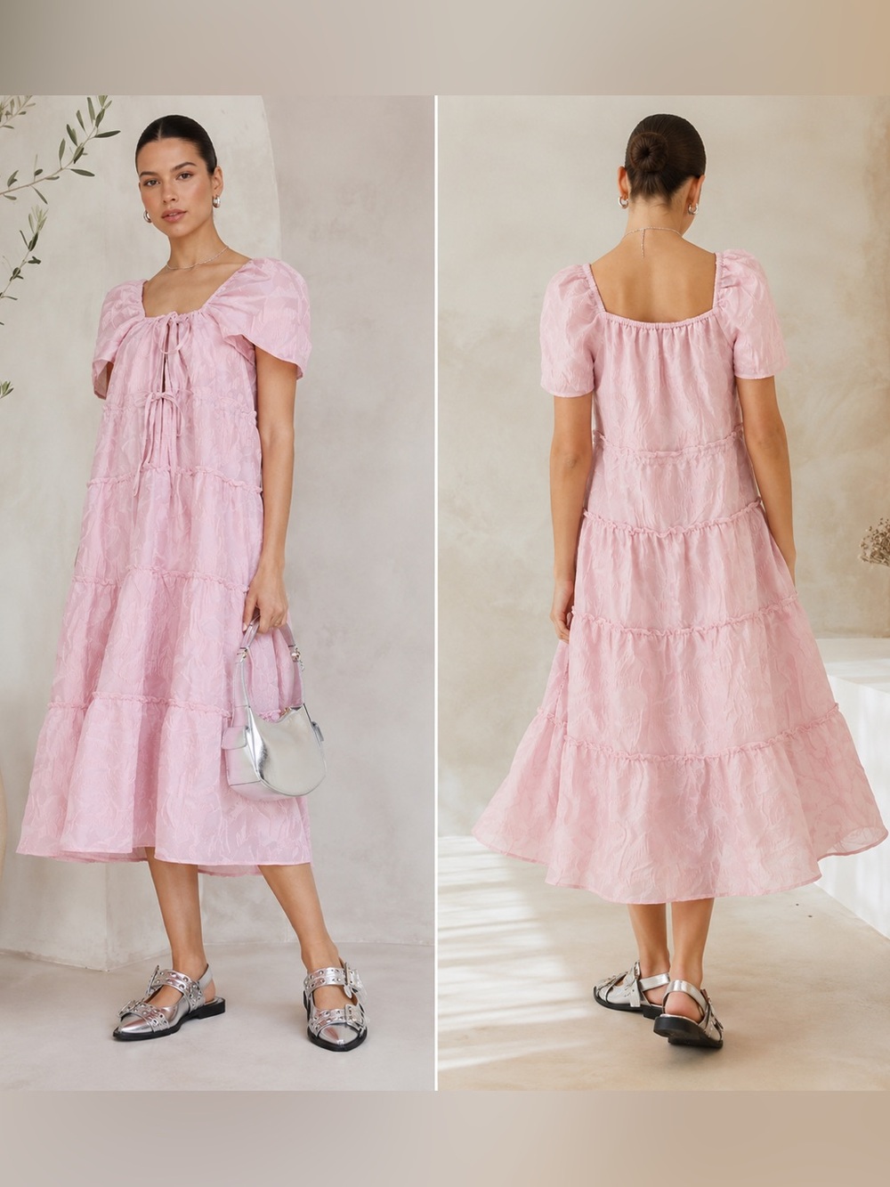 GANNI Floral Jacquard Tiered‎ Cloqué Midi Dress Pink Puff Sleeve Size US L/FR 40